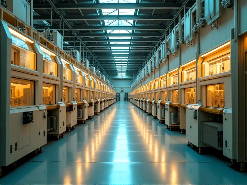 An industrial facility producing biodegradable substrate bags, showcasing rows of machinery processing plant-based fibers into sheets. Warm, diffused lighting highlights the sustainable factory’s clean, modern design with green-certified labels visible on finished products.