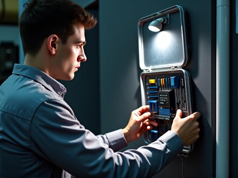 A technician in a gray uniform installing a black rectangular humidity controller into a home HVAC system. Tools like a screwdriver and wire strippers lie on a toolkit, with focused lighting emphasizing the controller’s wiring terminals.