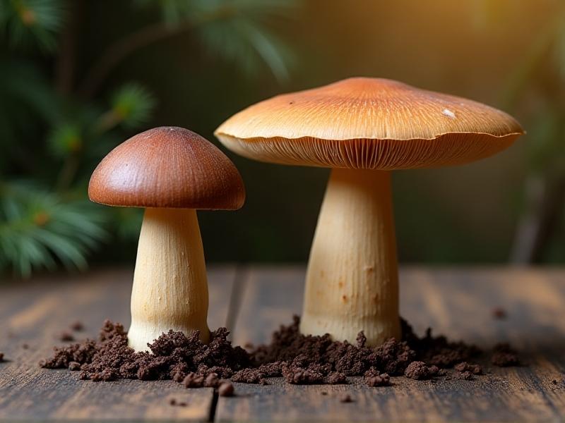 Side-by-side shiitake specimens: left, a mushroom with a thick stem and small cap grown under high CO2; right, a specimen with a wide caramel-colored cap and slender stem from optimized conditions. The split-frame composition on a rustic wooden background visually underscores environmental impacts on form.