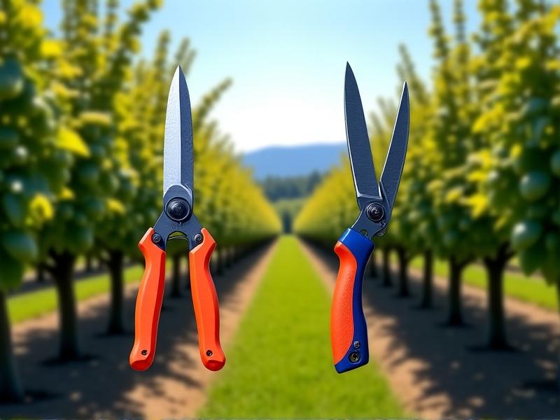 Side-by-side images of a manual ergonomic pruning shear and a battery-powered harvesting knife in an apple orchard. The manual tool features a bright orange grip and stainless steel blade, while the powered tool has a textured handle and serrated rotating blade cutting through a branch.