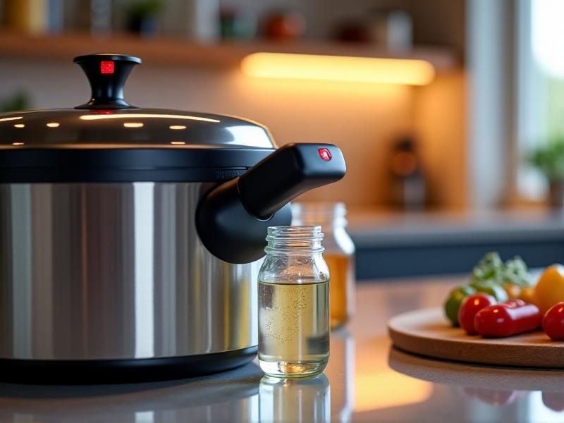 Close-up of a pressure cooker's locking mechanism and pressure release valve, with a red indicator pin raised, against a blurred background of kitchen countertops and mason jars filled with sterilized substrates.