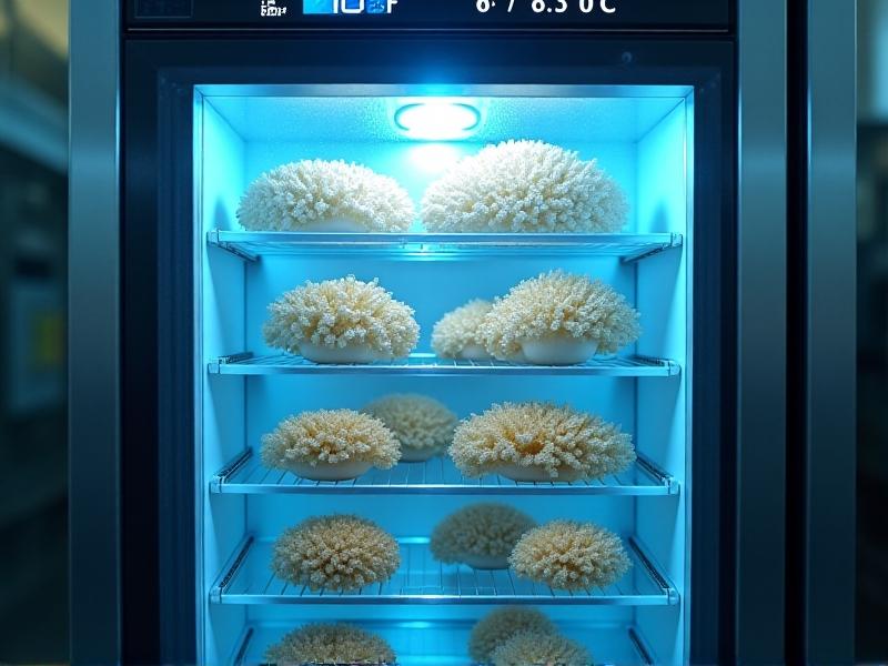 A stainless steel refrigeration unit housing multiple Lion’s Mane substrate blocks, glass door fogged with condensation, digital temperature display showing 48°F, soft blue interior lighting highlighting pearly mycelium growth.
