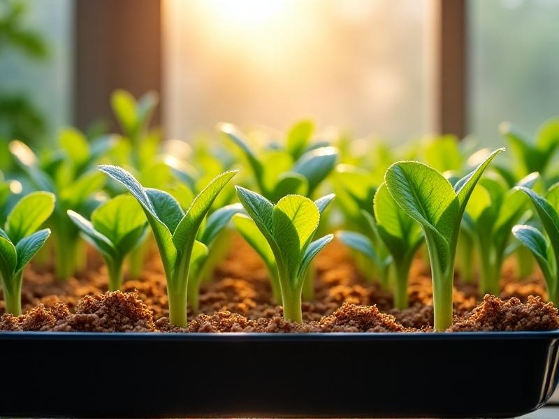 Greenhouse tray with seedlings growing in a vermiculite-rich mix. Delicate sprouts emerge from moist, golden-brown medium under a misting system. Daylight filters through translucent greenhouse panels, creating a humid, nurturing environment.