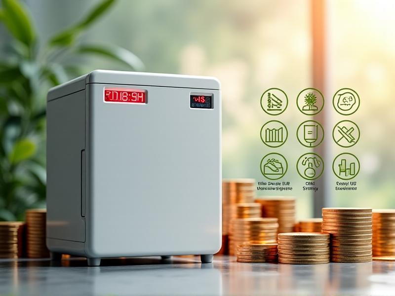 A split image contrasting a UV sterilizer’s upfront price tag with long-term savings infographics, set against a background of coins and energy symbols. Keywords: UV sterilizer cost, long-term savings, energy-efficient disinfection.