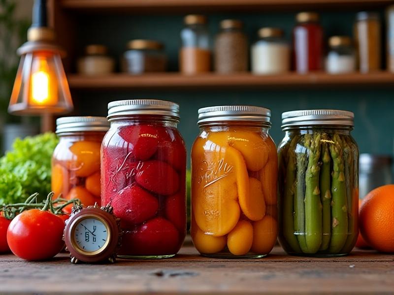 A vibrant array of pickled vegetables in glass jars, surrounded by fresh produce and a pH meter. The style is rustic, with warm lighting and droplets on the jars, conveying freshness and scientific precision in food safety.