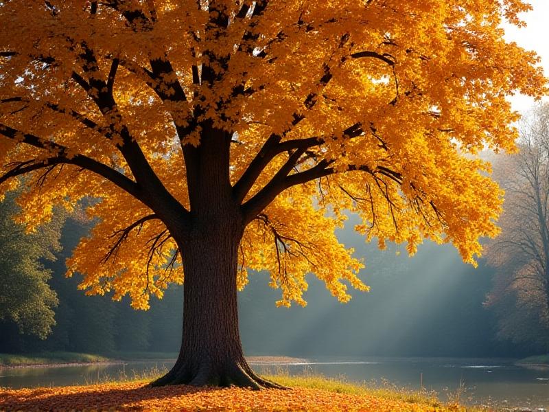 A vibrant beech tree in autumn, its smooth gray bark and golden leaves illuminated by soft sunlight. The image emphasizes the tree’s robust health, with no signs of pest damage or disease, ideal for log harvesting.