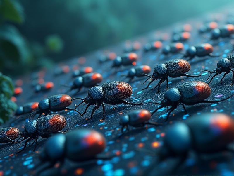 A detailed digital illustration showing an AI neural network processing images of insects. Layers of interconnected nodes overlay a background of beetles and moths, with vibrant colors representing data flow from input (camera feed) to output (pest identification labels).