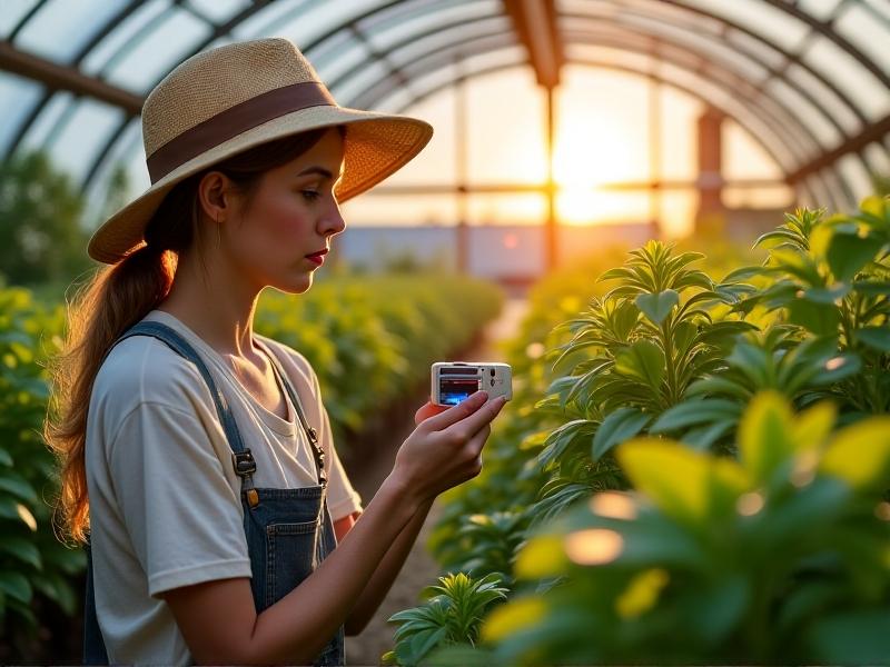 A gardener in a sunhat holds a quantum sensor above basil plants, with a digital screen displaying PPFD readings. Sunlight streams through a greenhouse roof, casting geometric shadows on a notebook filled with light maps and PAR charts.