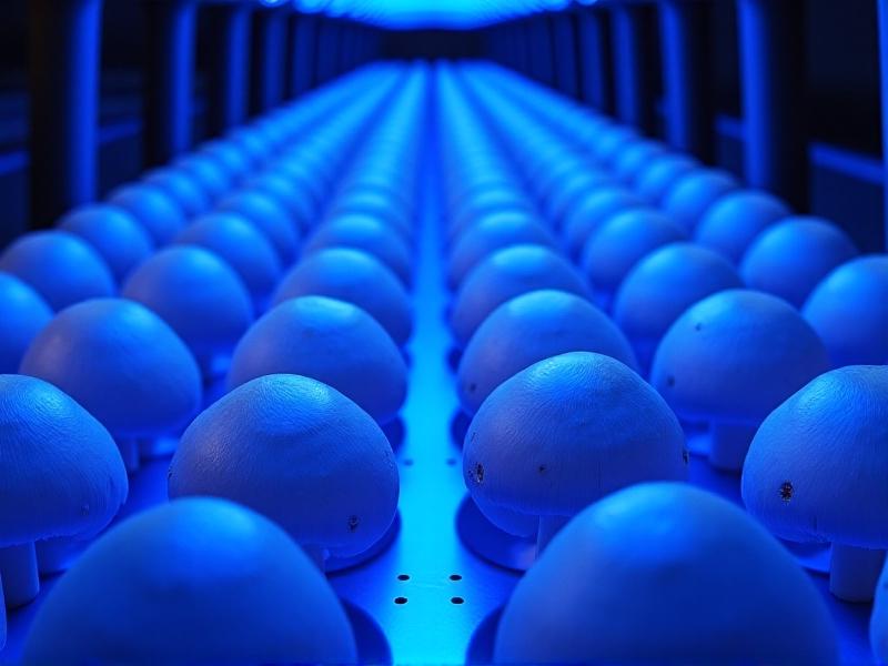 A close-up of UV lamps illuminating rows of button mushrooms in a controlled laboratory setting, with blue-tinted light emphasizing the intersection of technology and agriculture in nutrient enhancement.