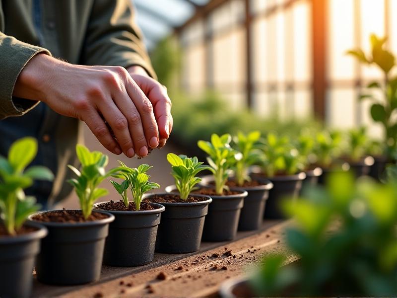 A gardener’s hands mixing Trichoderma-enriched granules into potting soil, with a backdrop of potted seedlings on a greenhouse bench. The granules are visibly textured, and sunlight filters through the greenhouse panels, creating a warm, hopeful atmosphere.