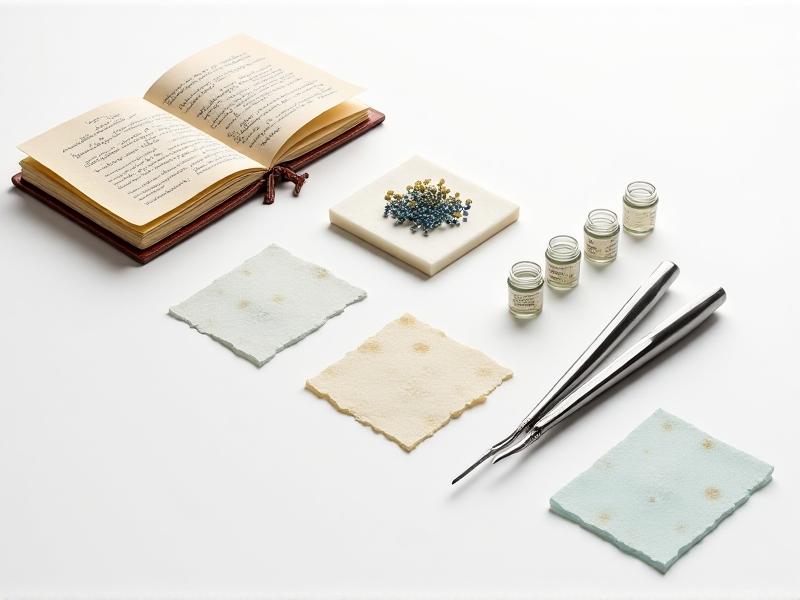 An exploded view of a spore print kit components laid out on a white background: glass slides, wax paper squares, stainless steel tweezers, glass vials, and a notebook. The minimalist composition emphasizes functionality, with sharp focus on metallic tools against muted, neutral tones, evoking a laboratory-inspired design.