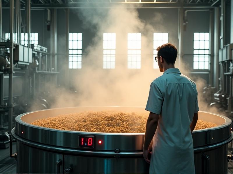 A worker monitors a large pasteurization vat filled with steaming straw substrate. Digital temperature displays show 70°C, while vapor rises into a vented industrial ceiling. Natural light filters through warehouse windows, emphasizing scale and workflow.