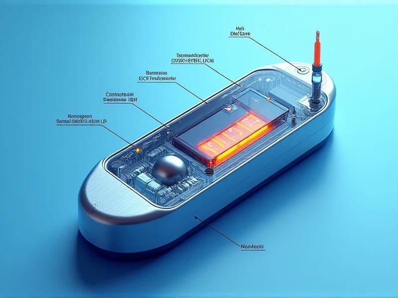 A cross-sectional technical illustration of a digital pH meter with labeled parts: glass electrode, reference cell, temperature sensor, and LCD display. Arrows show the electrical pathway from the probe to the processor. The design is sleek and metallic, set against a blue gradient background symbolizing scientific accuracy.
