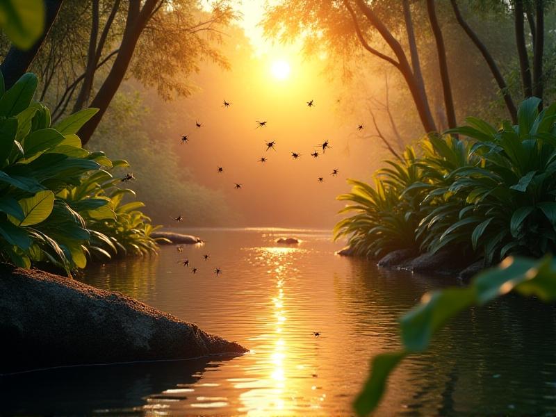 A tropical rainforest pond with mosquitoes hovering over stagnant water, surrounded by lush greenery under a golden sunset. The image captures the link between stagnant water, humidity, and disease vector proliferation with hyper-realistic details.