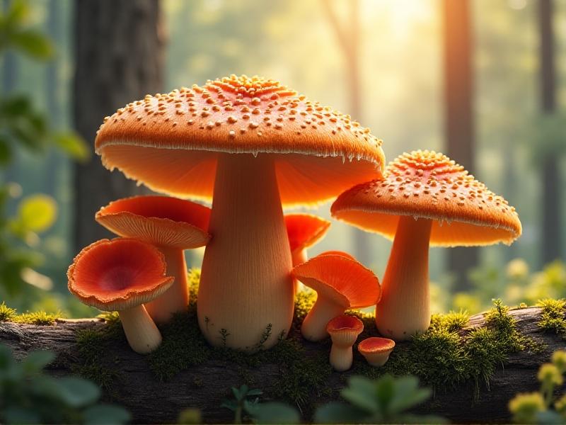 A collage of Shiitake, Oyster, and Reishi mushrooms growing on logs in a sun-dappled forest. Each species is shown in vivid detail—Shiitake’s caramel caps, Oyster’s fan-like clusters, Reishi’s glossy red shelves—with soft bokeh background emphasizing natural habitats.