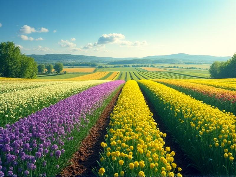 A panoramic view of a farm implementing crop rotation, with alternating sections of flowering brassicas and tall grain crops under a clear sky. The soil appears well-tilled and fertile, illustrating diversity in planting to reduce disease risk.