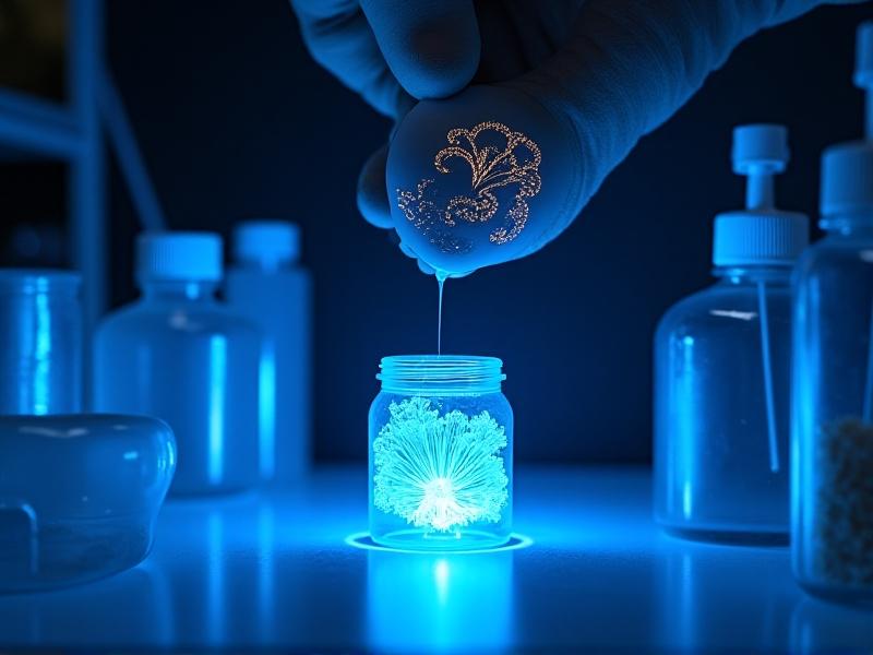A close-up of a 3D-printed handheld inoculation tool with a glowing bioluminescent mushroom design on its grip. The tool holds a sterilizable needle poised above a mycelium-inoculated grain jar, with soft blue UV light emphasizing a sterile workspace.