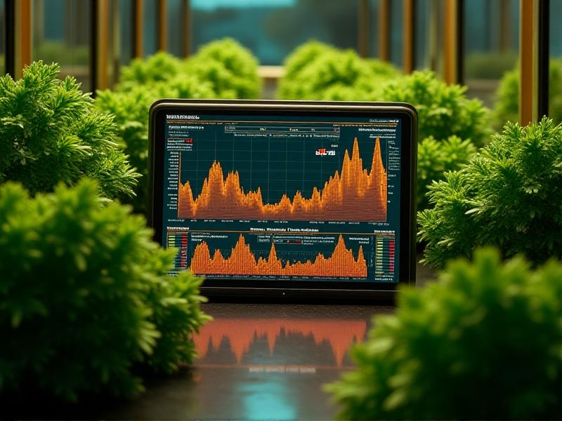 A digital touchscreen control panel in a grow room, displaying graphs of temperature fluctuations and humidity levels. The interface glows with orange and green hues, surrounded by plants, blending tech with nature.