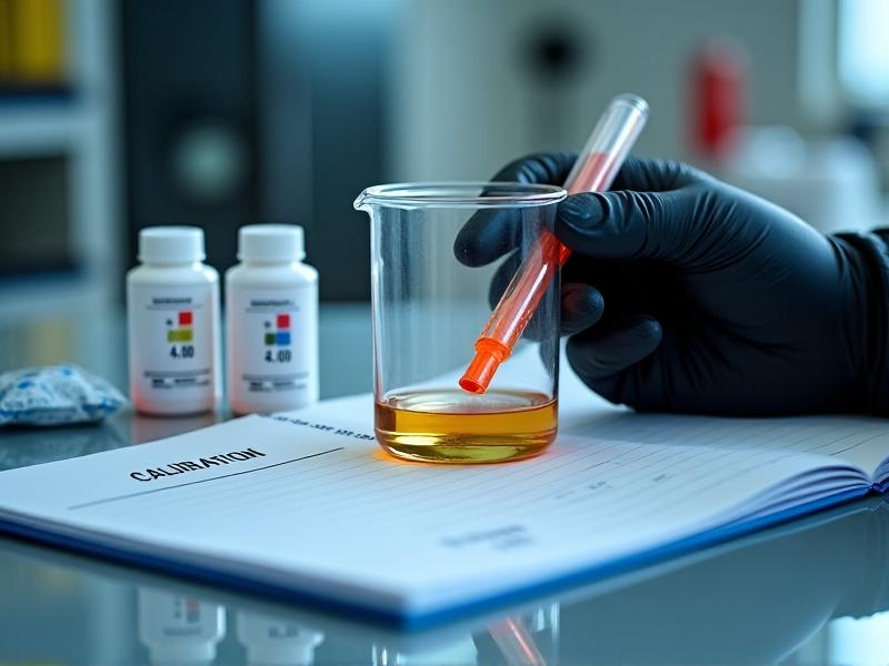 A hand in black nitrile gloves holds a pH meter probe submerged in a calibration buffer solution (pH 7.0) inside a clear glass beaker. The workspace includes buffer bottles labeled pH 4.0 and 10.0, lens wipes, and a calibration logbook open to a dated entry. Soft focus highlights the liquid’s meniscus and probe’s reflective surface.