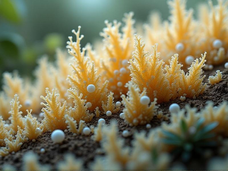 A close-up of a mushroom substrate surface showing intricate silken webs and tiny white eggs clustered around yellowing mycelium. Sunlight filters through a greenhouse roof, casting soft shadows and emphasizing the delicate, destructive nature of the infestation.