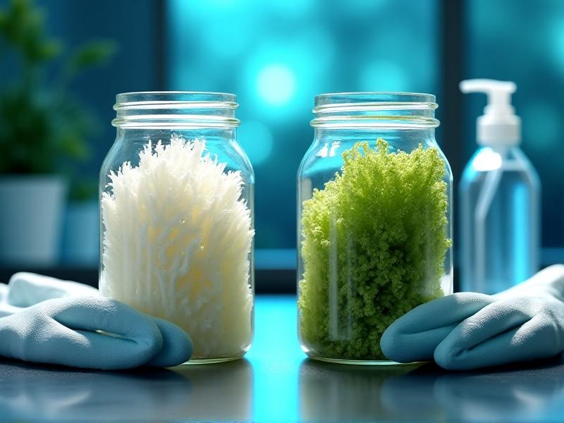 Side-by-side comparison of a healthy white mycelium jar and a contaminated one with green mold spots, under harsh lighting to emphasize color contrast, placed on a stainless-steel lab bench with gloves and a spray bottle nearby.