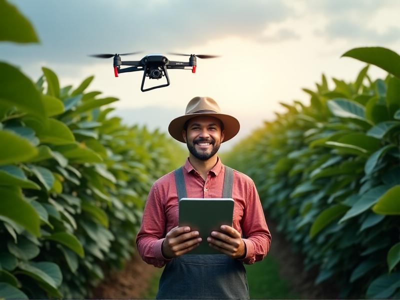 A lush coffee plantation under a partly cloudy sky, with a farmer holding a tablet while a drone captures close-up images of coffee berries. The image emphasizes human-AI collaboration, with rich green foliage and red berries contrasting against the farmer’s rugged hands.