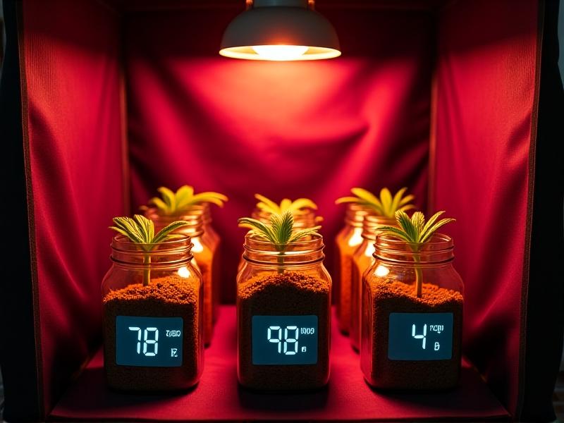A digital thermometer and hygrometer placed beside colonizing grain jars in a grow tent, displaying 78°F and 92% humidity, with soft LED lighting casting warm tones over the organized setup, conveying precision and controlled conditions.