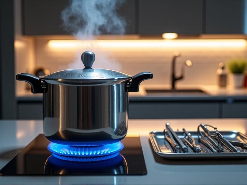 A stainless steel pressure cooker releasing steam on a stovetop in a modern kitchen, with blue flames visible beneath and surgical tools arranged nearby, emphasizing its dual-purpose use for cooking and sterilization.