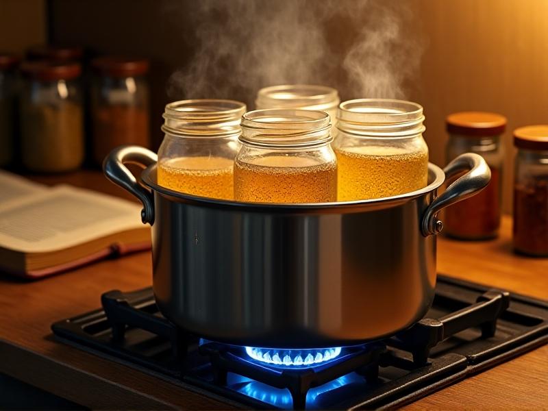 A sturdy stainless-steel pressure cooker on a stovetop, emitting wisps of steam. Transparent jars inside hold hydrated brown rice substrate. Warm kitchen lighting with a faint glow from the gas flame below.