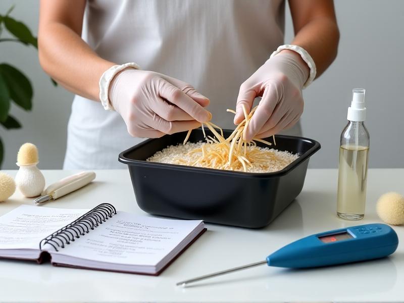 A hands-in-action photo guide: gloved hands mixing sterilized straw with white mushroom spawn in a black plastic container, with a spray bottle, thermometer, and notebook nearby, all arranged on a clean, white background for clarity.