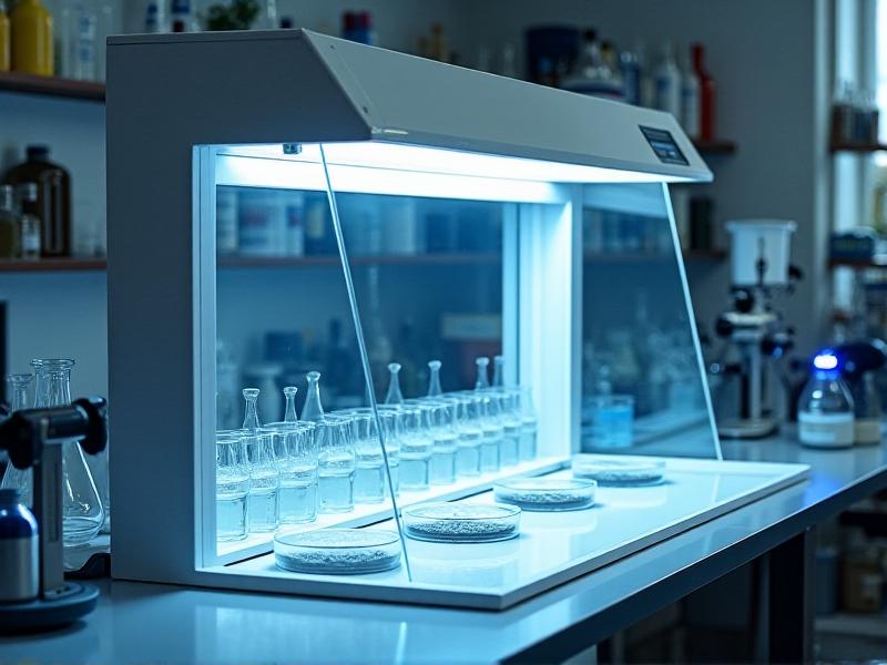A pristine laboratory setup featuring a laminar flow hood, glass Petri dishes, and a Bunsen burner casting a blue flame. The workspace is clutter-free, with tools arranged methodically under cool white lighting, reflecting an environment optimized for contamination-free spore handling.