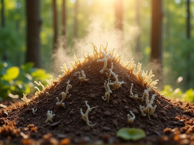 A close-up of a compost pile teeming with white mycelium threads interwoven with straw and coffee grounds. Steam rises from the warm, decomposing matter, indicating active microbial activity crucial for disease-resistant mushroom growth.