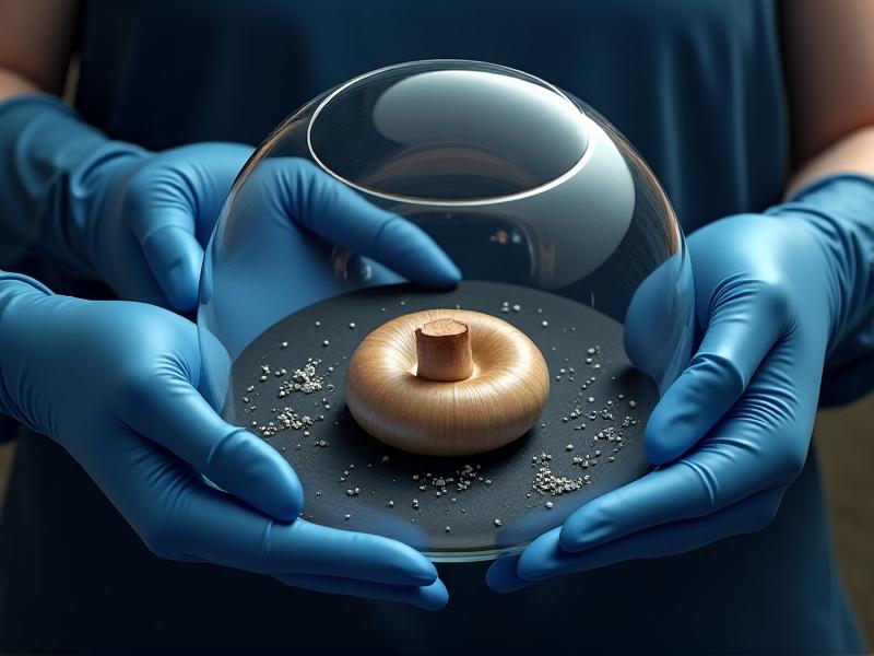 A sequence of hands in blue nitrile gloves placing a portobello mushroom cap gill-down on black paper, covered by a glass bowl. Soft diffused light illuminates the spores left behind, with a focus on the contrast between the white spore pattern and the dark background, capturing the methodical yet delicate nature of the process.