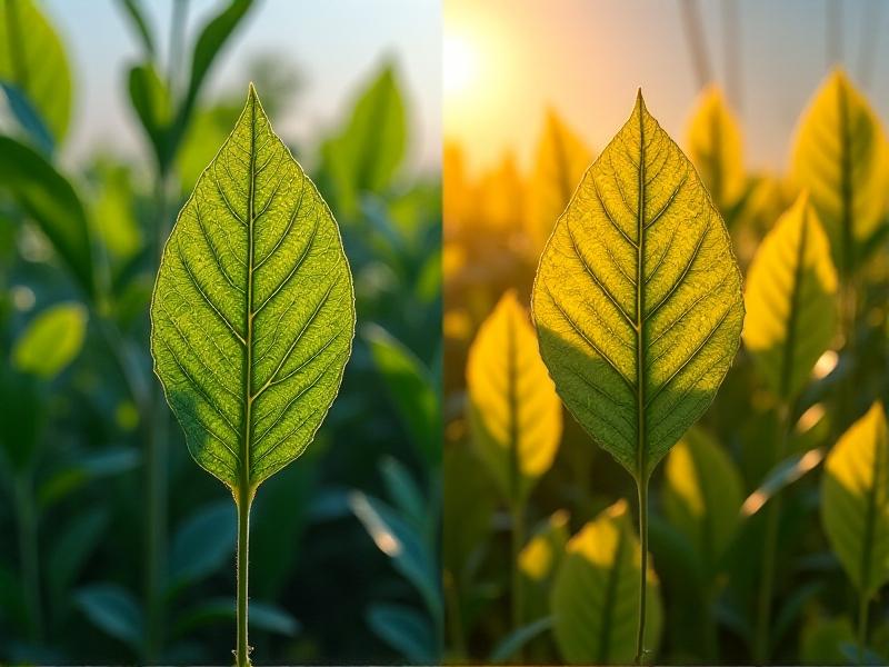 A split-screen illustration comparing traditional bred crops with CRISPR-edited variants. On the left, wilted, pest-damaged plants under harsh sunlight; on the right, vibrant, robust crops in a controlled environment. The contrast highlights lush greens, golden harvest tones, and detailed textures of healthy versus stressed leaves, emphasizing technological advancement in agriculture.