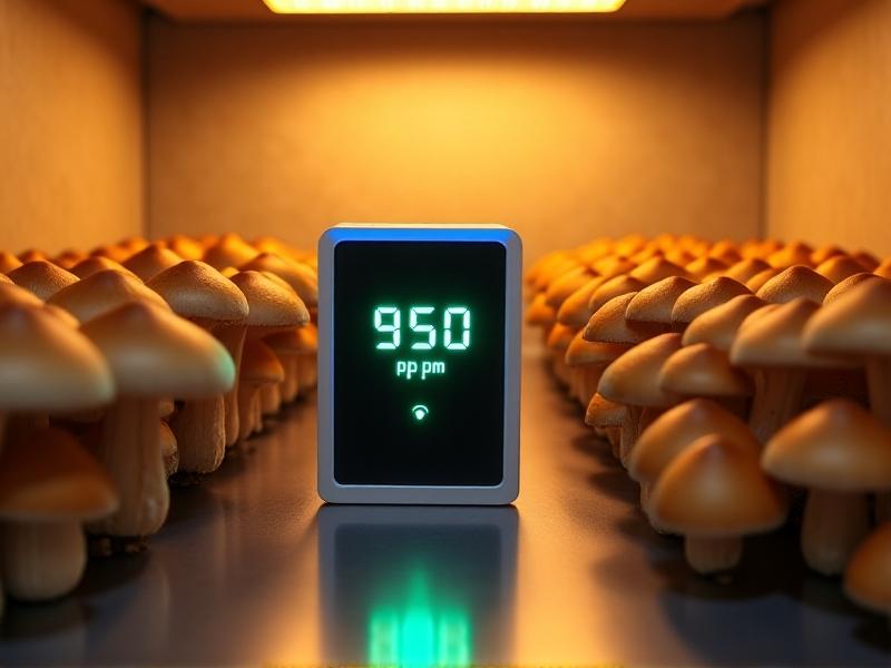 A close-up of a digital CO2 monitor in a shiitake grow room, displaying 950 ppm in green LED numerals. The device sits beside mature mushroom blocks with caramel-brown caps. Warm ambient lighting highlights the importance of precise environmental tracking in indoor cultivation.