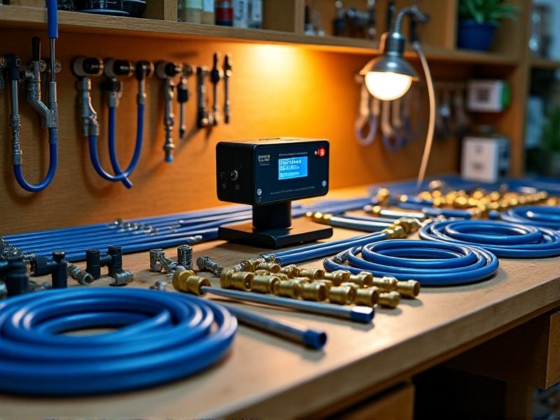 An organized layout of irrigation parts on a workbench: a programmable timer, PVC pipes, brass fittings, blue drip lines, and a pressure gauge. Tools like a tubing cutter and Teflon tape lie nearby.