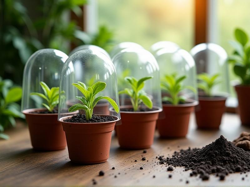 Clear plastic containers repurposed as humidity domes over young seedlings in biodegradable pots. Morning sunlight streams through a nearby window, casting soft shadows on a rustic wooden table. The DIY setup emphasizes affordability and sustainability in early-stage plant care.
