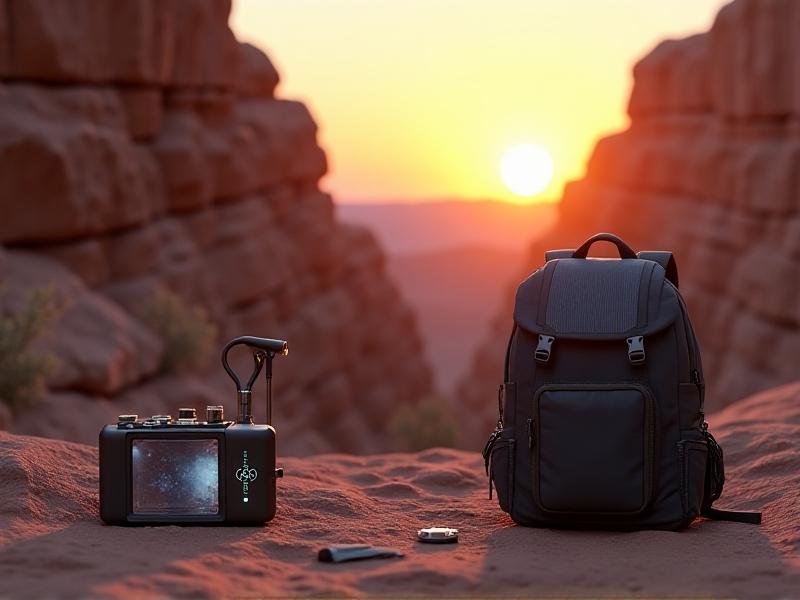 A high-resolution 3D render of a handheld digital microscope with a carbon fiber body, adjustable LED ring lighting, and a touchscreen interface displaying live bacterial cell analysis. The device rests on a rocky surface in a desert canyon, surrounded by sample vials and a backpack with solar panels. Warm golden-hour lighting highlights the sleek, ergonomic design against a backdrop of layered sandstone cliffs.