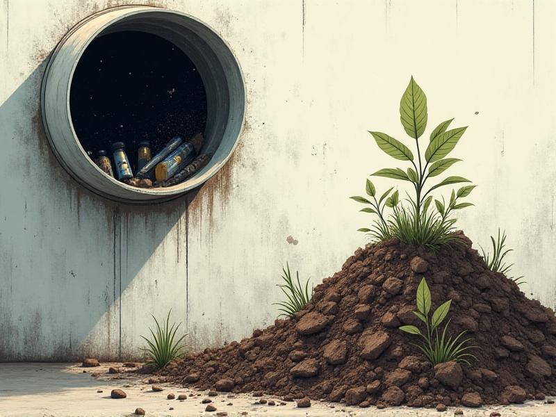 An array of potential contamination sources: a dusty air vent, unsterilized lab equipment, and a pile of compost, rendered in sharp focus with a muted color palette to highlight risks in industrial and agricultural settings.