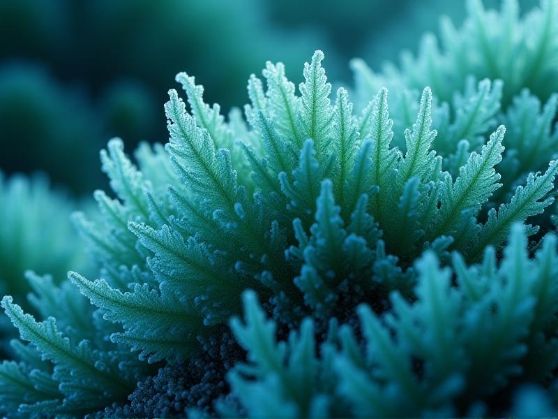 A microscopic view of resistant mushroom mycelium with thick cell walls and dense hyphal knots, rendered in vibrant blues and greens. The image features sharp focus on structural details, simulating a scientific illustration style, conveying robustness and biological defense mechanisms.