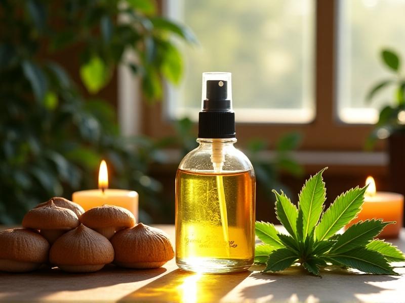 A glass spray bottle filled with diluted neem oil solution beside fresh neem leaves and shiitake mushrooms on a rustic wooden table. Sunlight streams through a window, highlighting the greenish hue of the solution and textured mushroom caps.