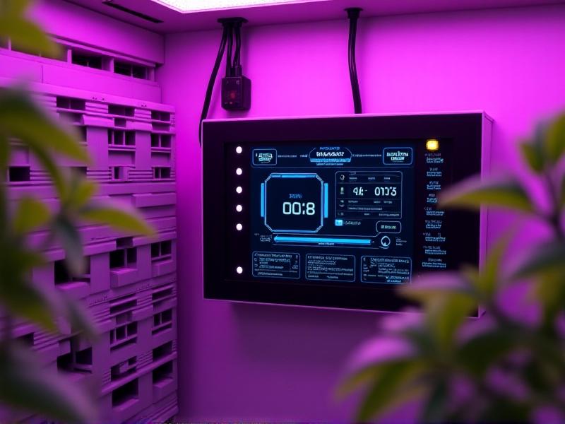 Close-up of a solar-powered grow room control panel displaying energy metrics next to purple-lit LED fixtures shining on basil plants. Wires connect to a stack of gray solar batteries on the left and a solar inverter with glowing blue status lights. The image has a crisp, technical aesthetic with shallow depth of field and cool-toned lighting.