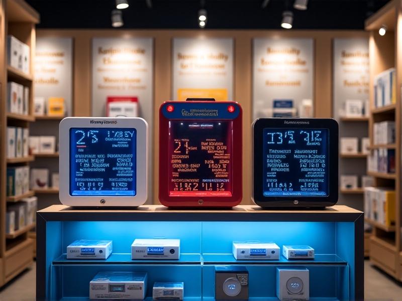 A branded display shelf featuring humidity controllers from Honeywell, Aprilaire, and Inkbird. Each unit is powered on, showcasing vibrant displays with brand logos, set against a backdrop of product packaging and subtle promotional banners.