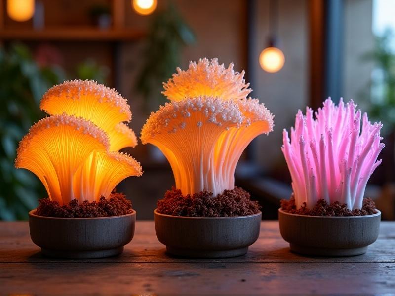 Three bamboo growing kits displayed side-by-side on a rustic table: left shows golden oyster mushrooms bursting from a coffee ground block, center features lion's mane with icicle-like spines, right has pink oyster mushrooms glowing under purple grow lights. Soft bokeh background of a coffee shop interior.