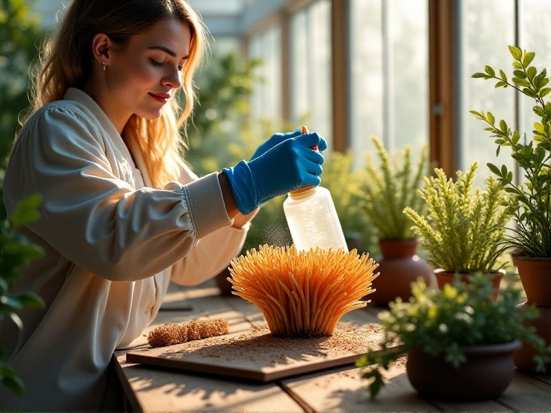 A gardener's hand wearing blue gloves holds a spray bottle misting a mycelium-colonized log. A thermometer, pH meter, and notebook with growth data lie on a rustic wooden table nearby. Soft sunlight filters through a greenhouse window, highlighting the tools' importance in meticulous mycelium care.