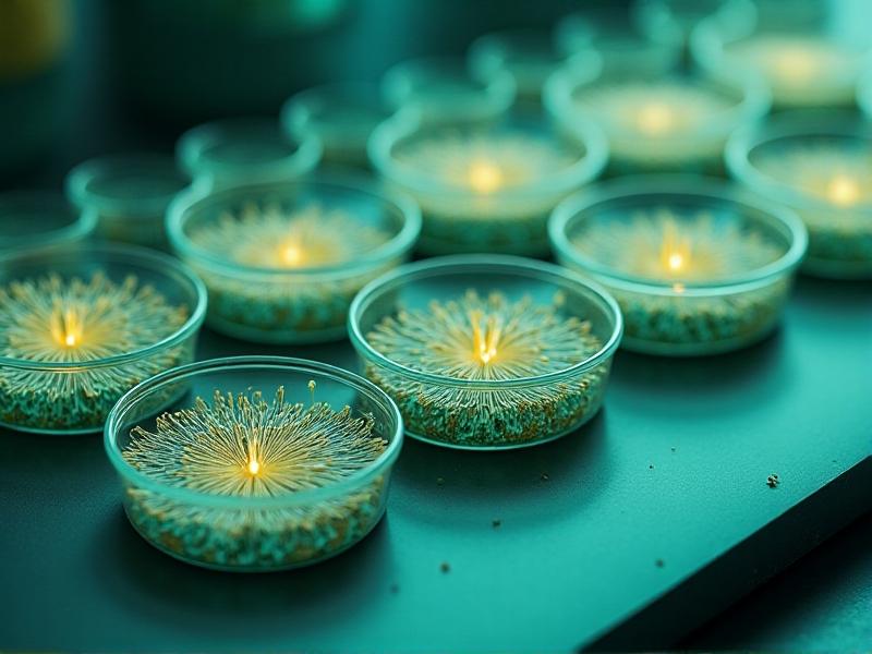 A time-lapse sequence of mushroom hybridization stages: spore prints on black paper, petri dishes with radial mycelium growth, and labeled test tubes in a stainless steel rack. Isometric laboratory perspective with clean white backgrounds and green accent lighting.