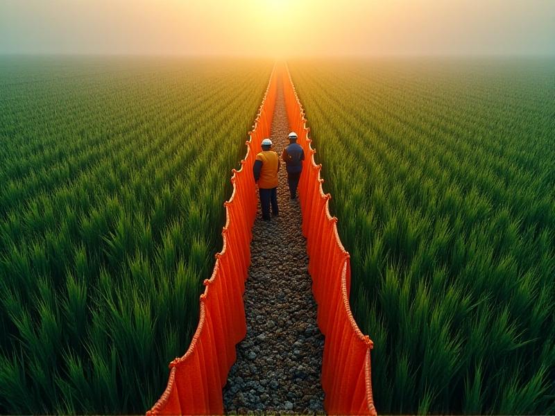 An aerial view of a farmland divided by bright orange plastic barriers, separating healthy green crops from a section of withered, brown plants. Workers in coveralls install additional fencing under a twilight sky, illustrating the urgency of physical containment measures.