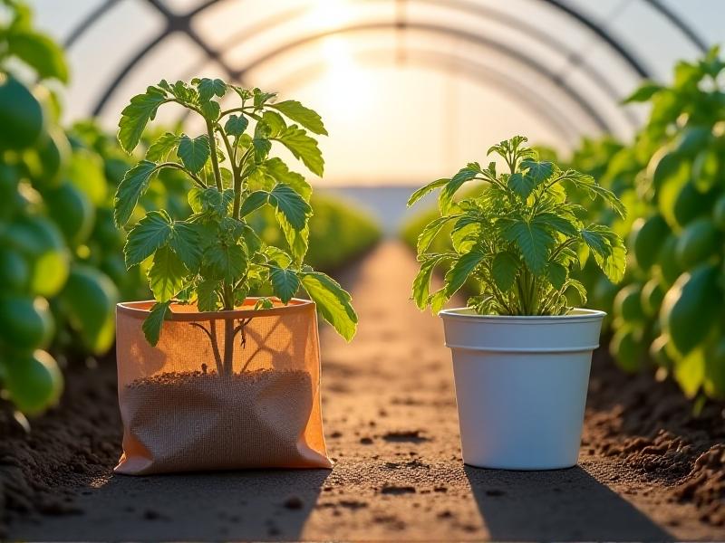 Side-by-side comparison of biodegradable substrate bags and plastic pots in a greenhouse, with lush tomato plants in varying growth stages. The biodegradable bag shows slight weathering but intact structure, while roots visibly protrude through its porous walls.