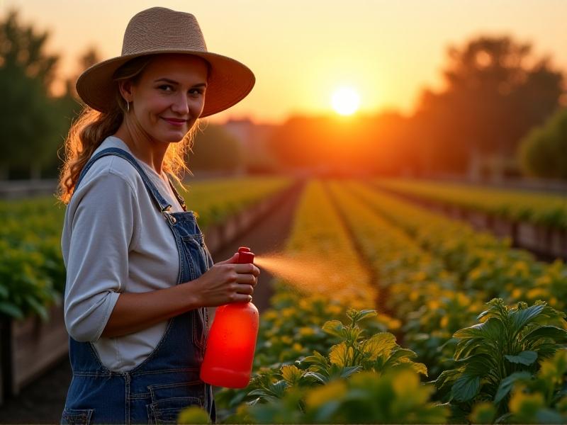 A gardener in a sunhat sprays nematode solution onto raised vegetable beds at dusk. The spray glistens under golden hour light, with lush spinach and tomato plants in the background. Realistic style with warm tones and dynamic shading.