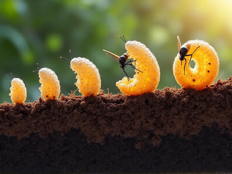 Illustrated diagram showing the four stages of fungus gnat development: white eggs clustered in soil, translucent larvae with black heads, pupae in silk cocoons, and adult gnats emerging, set against a cross-section of soil and plant roots.